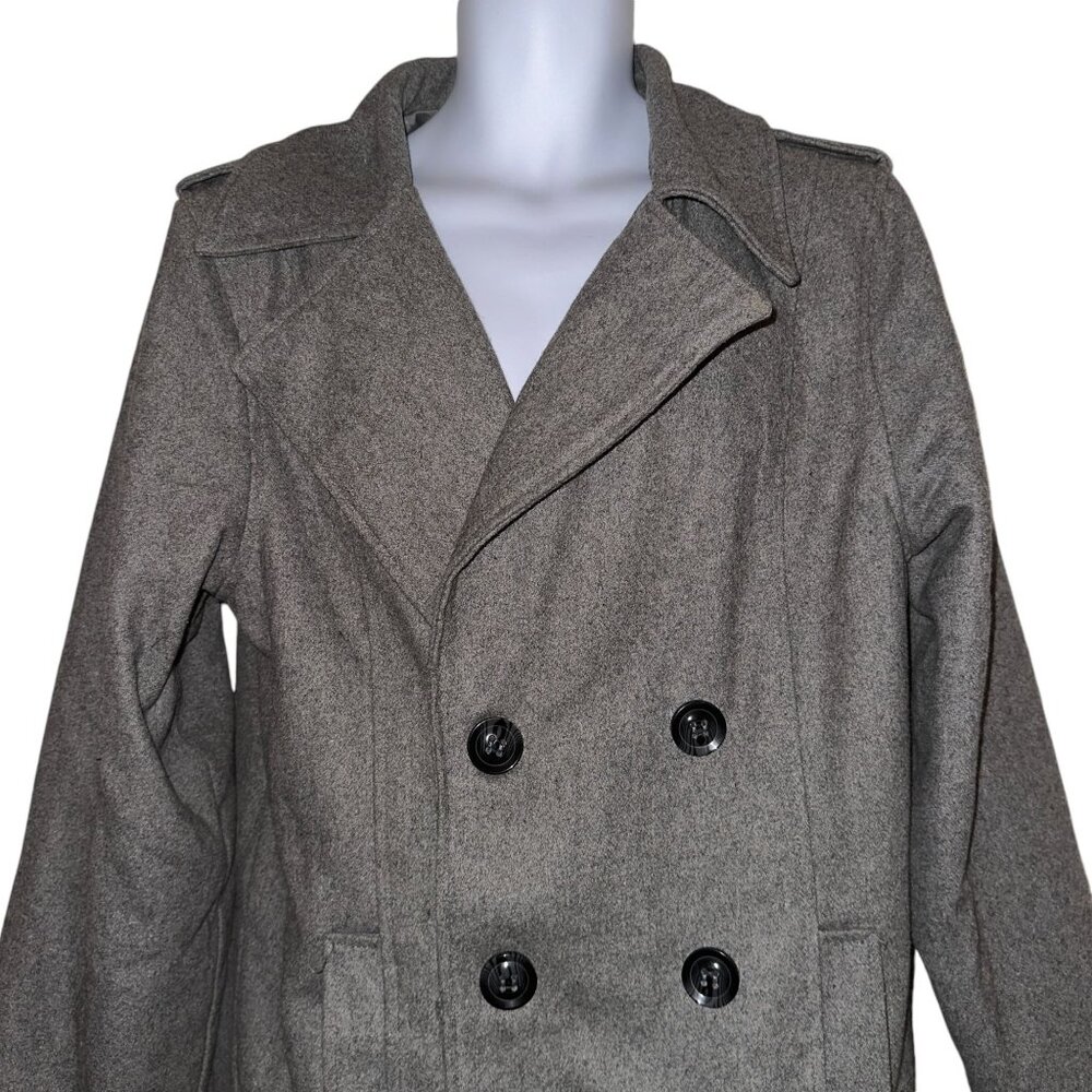 Rare Black Brand Pea Coat Mens L Gray Wool Pockets Lined Collared Dress Work - Picture 2 of 8